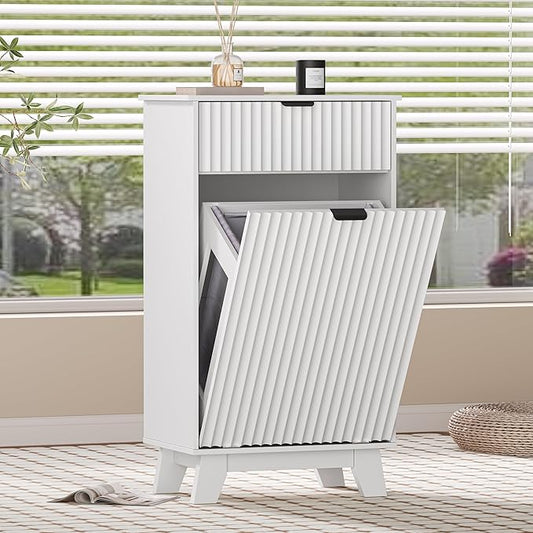Wodeer Tilt Out Laundry Hamper Cabinet with Storage and Drawer, 10 Gallon Fluted Hidden Trash Can Cabinet, Farmhouse Wood Laundry Basket Cabinets for Bathroom, Kitchen, White