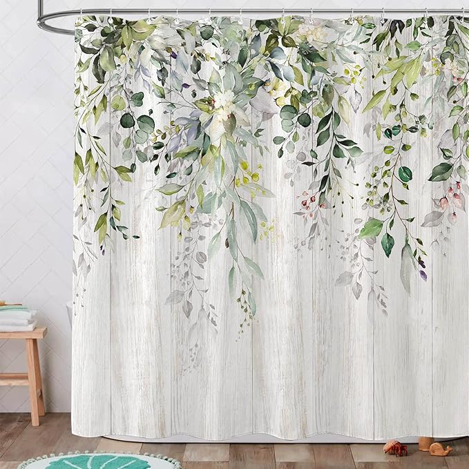 kampdream Eucalyptus Plant Rustic Shower Curtain, Watercolor Leaves On The Top Country Farm House Shower Curtain, Spring Botanical Bathroom Curtain 72 ×72 Inch