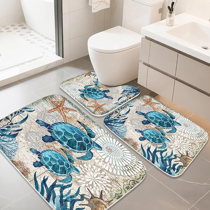 Sea Turtles Nautical Ocean Beach Bathroom Sets with Starfish Coral Shower Curtain and 20 x 31 Rugs Bathroom Accessories Sets Decor with Bath Rug, Bath Mat, U-Shaped Contour and Hooks 72 x 72 Inch