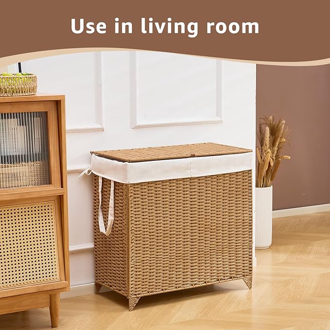 Handwoven Laundry Hamper with Lid, Natural Hyacinth Heightened Feet Laundry Basket, Wicker Clothes Hamper with Removable Liner Bag (Wicker, 120L)