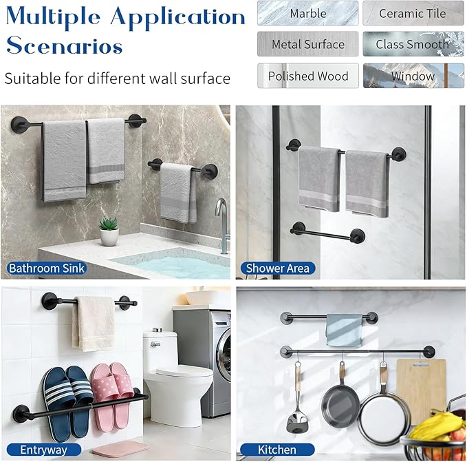 Adjustable Suction Cup Towel Bar for Bathroom Wall, 14.6–24 Inches Black Towel Bar, Stainless Steel Bath Towel Holder, Towel Racks for Bathroom for Shower (Matte Black)