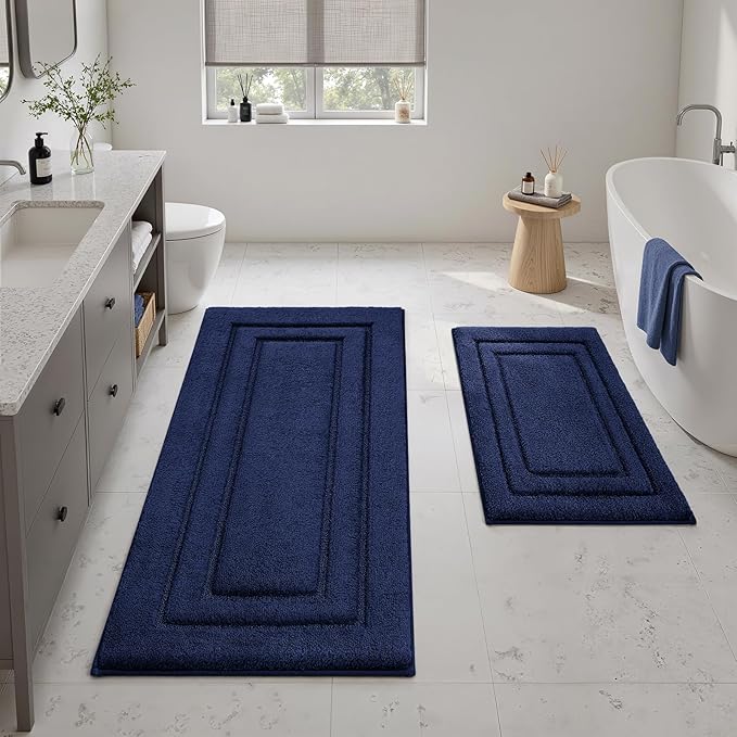 HOMEIDEAS 2 Pieces Large Bathroom Rug, Super Soft and Absorbent Long Rugs, Non Slip and Microfiber Bath Mat for Bathroom Decor (20"x47"+16" x 24", Navy Blue)