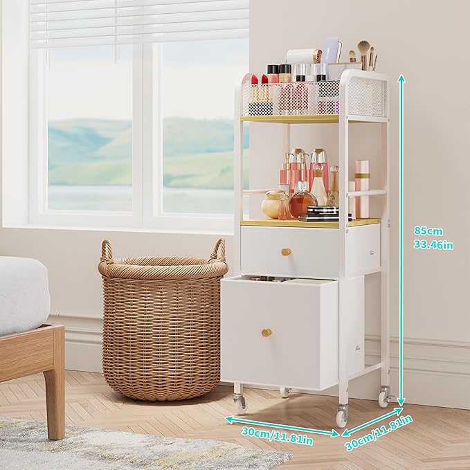 HapiRm Rolling Makeup Cart Organizer - Floor Skincare Make Up Storage with 2 Non-woven Fabric Drawers, Vanity Organizer Cosmetic Display Cases Holder for Skin Care Perfume Nail Polish Brush Hair Tool