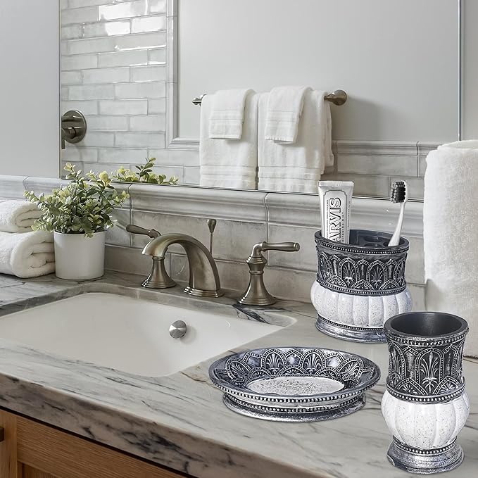 6 Pieces Pumkins Bathroom Accessories Set Including Trash Can, Cup, Toothbrush Holders, Soap Dishes, Soap Dispenser and Toilet Brush, Home Decoration, Retro Style, Grey