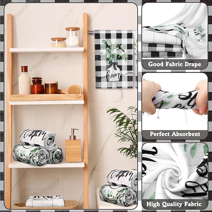 FuWeave 8 Pcs Black and White Shower Curtain Sets for Home Bathroom Green Eucalyptus Decor Rustic Plaid Bathroom Accessories Shower Curtain Sets with Towels Carpet Bath Mat Toilet Rugs and 12 Hooks