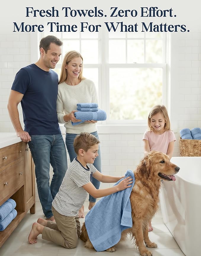 LANE LINEN 100% Cotton Premium Bathroom Towels Set - 16 Pieces - Ring Spun, Quick Dry, Super Soft & Highly Absorbent - 4 Bath, 8 Washcloths, 4 Hand Towels for Bathroom - Pre Shrunk - Cerulean Blue