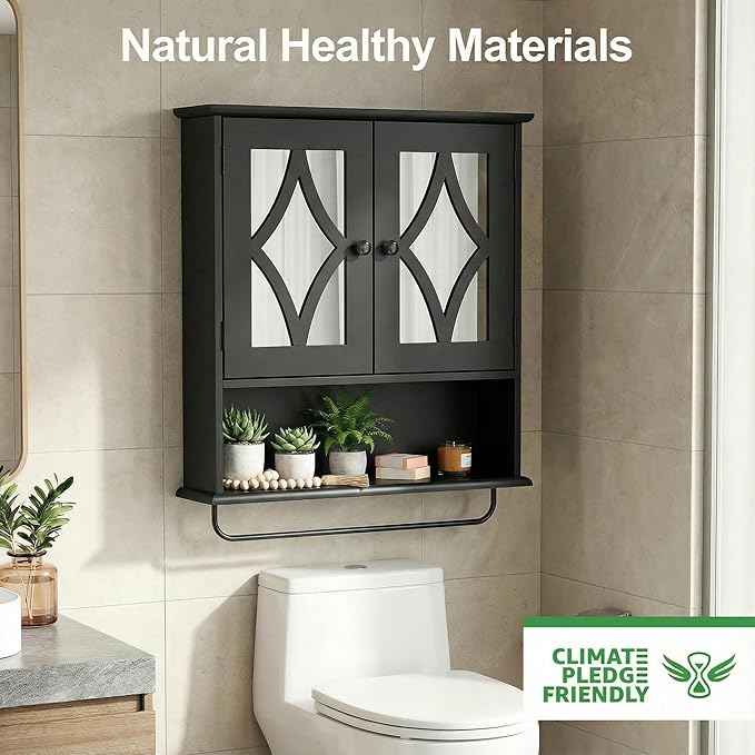 RoyalCraft Bathroom Medicine Cabinet Wall Mounted, Over the Toilet Storage Cabinet with Towel Rack and Adjustable Shelf, Large Bathroom Towel Cabinet Wall Mount 22x25 inch (Black)