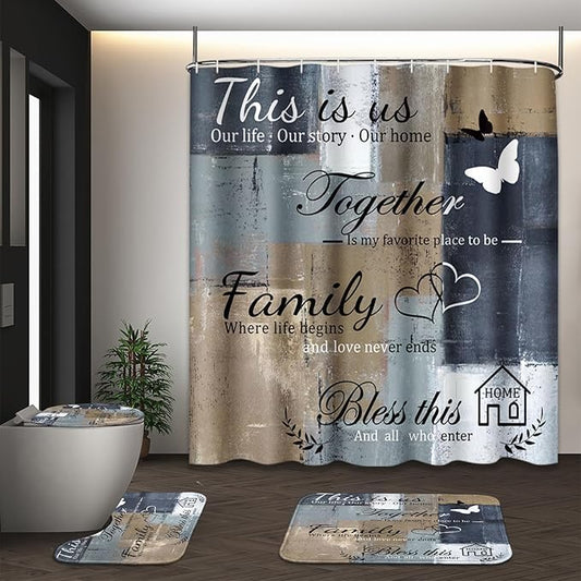 Family Home Motivational Shower Curtain Set with Toilet Lid Cover and Non-Slip Rugs for Bathroom, Brown Grey Abstract Painting Art 4 Pcs Shower Curtain, Modern Bathroom Set with 12 Hooks