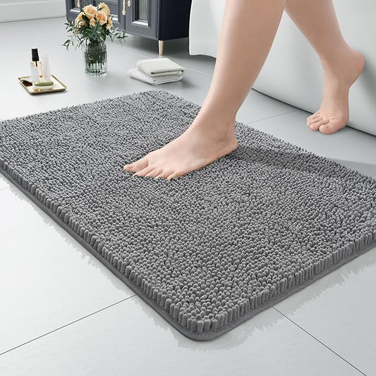 LOCHAS Luxury Bathroom Rug Shaggy Bath Mat 24 x 36 Inch, Washable Non Slip Bath Rugs for Bathroom Shower, Soft Plush Chenille Absorbent Carpets Mats, Light Gray