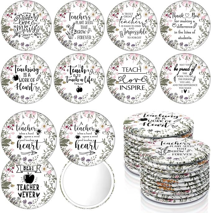 Geelin 20 Pcs Teacher Appreciation Gifts Bulk Mini Compact Makeup Mirrors Gift for Teacher Appreciation Week Graduation Team Group(Wildflowers Bottom)