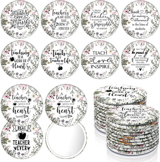Geelin 20 Pcs Teacher Appreciation Gifts Bulk Mini Compact Makeup Mirrors Gift for Teacher Appreciation Week Graduation Team Group(Wildflowers Bottom)