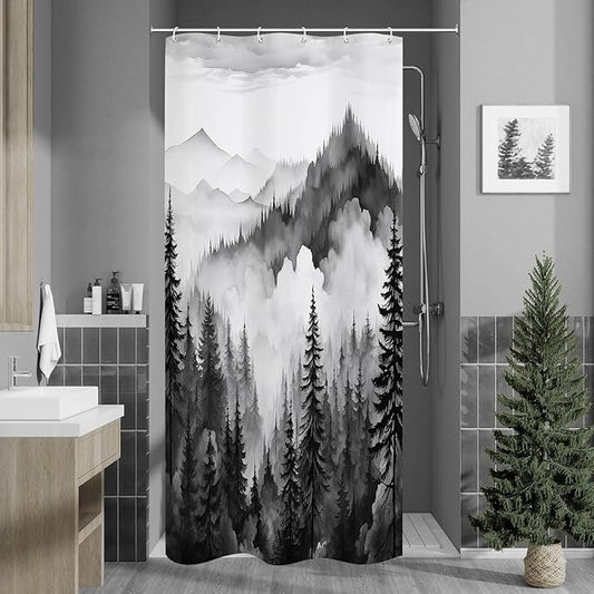 Black Small Stall Misty Pine Forest Shower Curtain 36 x 72, Mountain Foggy Woodland Scenery Tree Narrow Half Size Shower Curtains for Bathroom, Abstract Waterproof Nature-Themed Decor