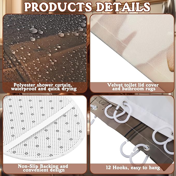 FuWeave 8 Pcs Highland Cattle Shower Curtain Sets for Bathroom Funny Highland Cattle Shower Curtain Sets with Rugs and Cow Towels, Include Non-Slip Rug, Toilet Lid Cover, Bath Mat and 12 Hooks