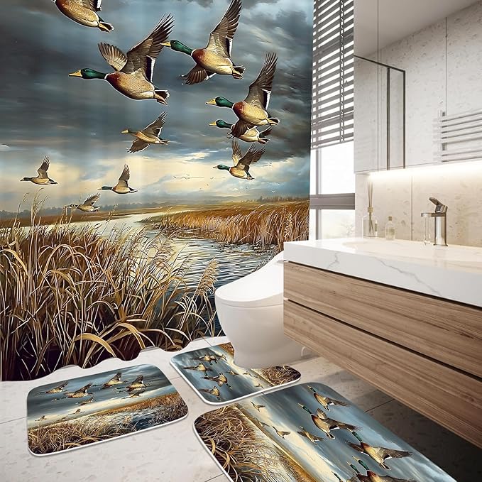 Rustic Wild Ducks Hunting FlyingBathroom Sets with Shower Curtain and 20 x 31 Rugs Bathroom Accessories Sets Decor with Bath Rug, Bath Mat, U-Shaped Contour and Hooks 72 x 72 Inch Brown and Teal