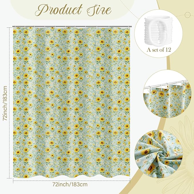 Boao Floral Shower Curtain Linen Farmhouse Cottagecore Spring Shower Curtain Boho Rustic Wildflowers Water Repellent for Bathroom Farmhouse 72" W x 72" L(Sunflower)