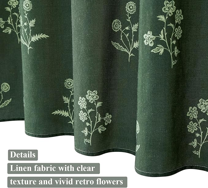 ORTIGIA Linen Shower Curtain Farmhouse Vintage Shower Curtains Set Boho Green Floral Cottagecore Rustic Block Print Decor for Bathroom 72 W x 72 L