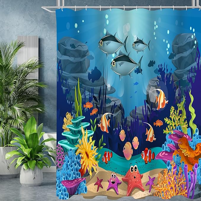 Colorful Fish Underwater Shower Curtain Set, 4 Piece Bathroom Decor with 12 Hooks, Vibrant Marine Life Bath Curtain