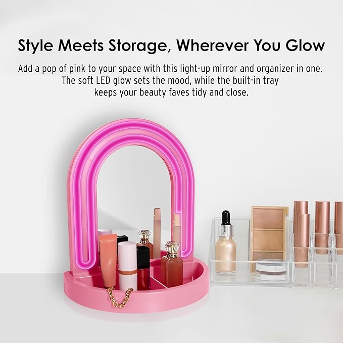 LED Vanity Mirror with Tray, for Desk, Dressing Table, Light Up Mirror for Makeup, Dorm Desk Vanity Mirror with Lights, Pink