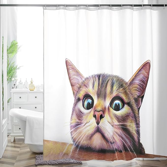 HMS Happy Memories Bohemian Plant Boho Floral Print Shower Curtain, Polyester Fabric Cloth for Bathroom Decor 72×72 Inch Standard Size with 12 Hooks, Also as Room Divider (White Cat)