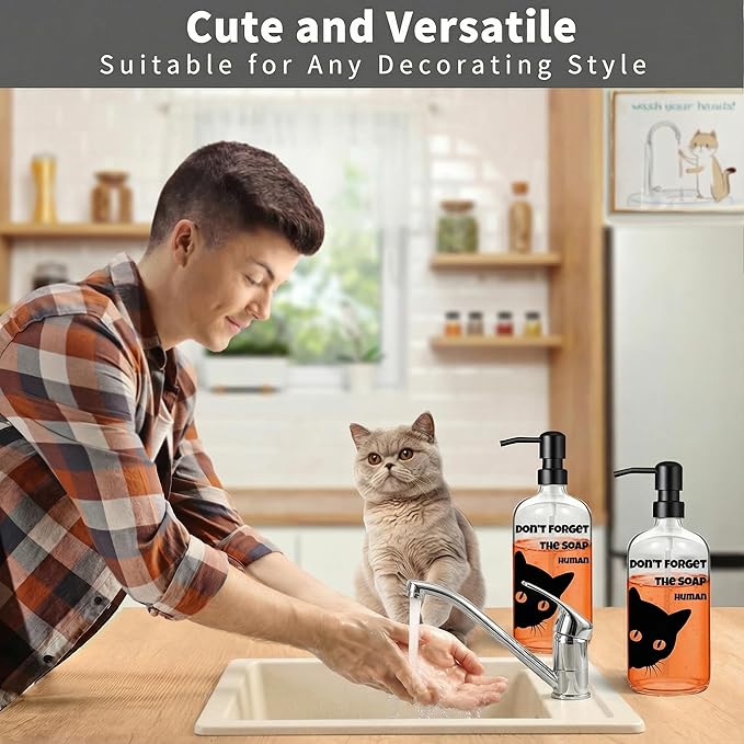 Black Cat Soap Dispenser 17 oz Clear Glass Hand Soap Bottle with 304 Stainless Steel Pump Bathroom Accessories Cute Cat Décor Cat Lover Gift