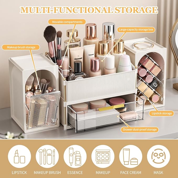 Makeup Organizer for Vanity with Brush Holder, Large Bathroom Countertop Cosmetic Organizer Skin Care Storage, Easy to Store Lipsticks, Nail Polishes, Perfumes (White+Transparent)
