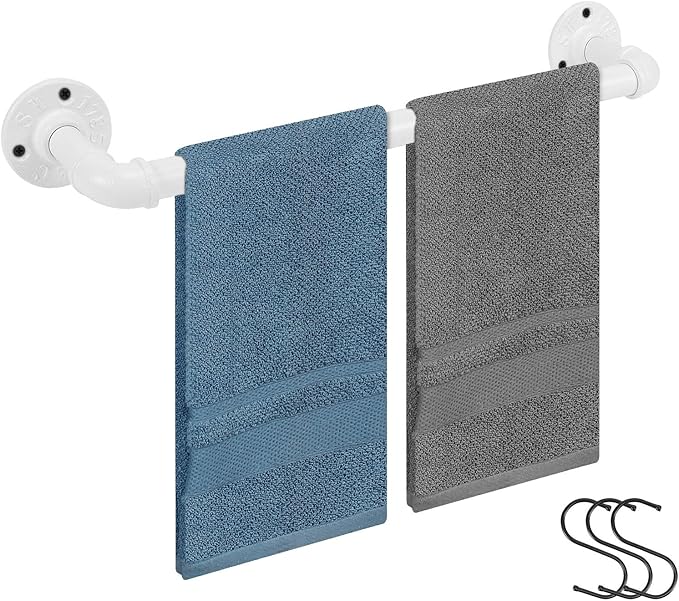 Industrial Pipe Towel Rack Towel Bar, Heavy Duty Wall Mounted Rustic Farmhouse Bath Towel Holder for Bathroom (White, 16 inch)