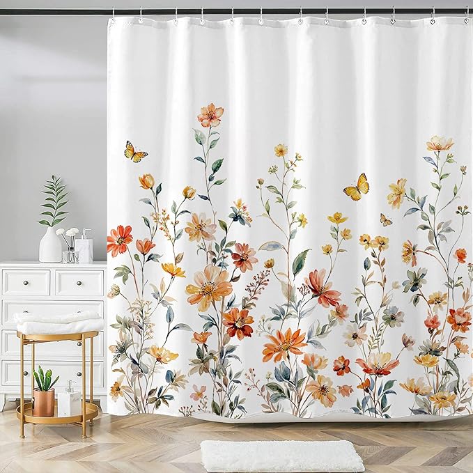 Aipon Watercolor Floral Shower Curtain Colorful Wildflower Shower Curtains for Bathroom Boho Pink Orange Spring Flower Butterfly Botanical Waterproof Fabric Bath Curtain Decor 72 X 72 Inches
