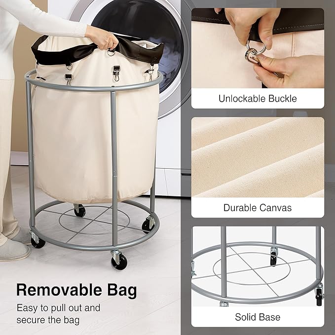 STO STO Rolling Laundry Hamper with Wheels – 185L (48 Gallon) Extra Large Industrial Clothes Laundry Basket with Removable Bag, Round Cart Sorter for Bedroom, Hotel, Beige & Brown