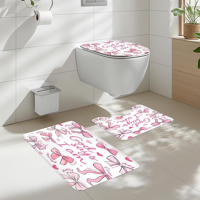 Cinbloo 4Pcs Pink Bow Shower Curtain Set, Retro Cute Coquette Vintage Girly Preppy Fashion Bathroom Curtain with Rug, Toilet Lid Cover, Bath Mat, Inspirational Quotes Shower Curtain with 12 Hooks
