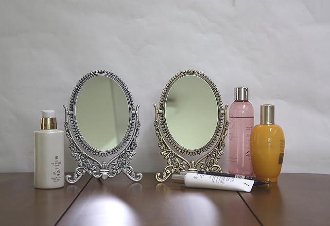 SEHAMANO Vintage Antique Embossed Roses Pattern Makeup Table Mirror, Decorative Oval Shaped Stand Mirror, Vanity Cosmetic Double Sided Rotatable Ellipse Metal Frame Mirror (Brass (Matt Gold), Medium)