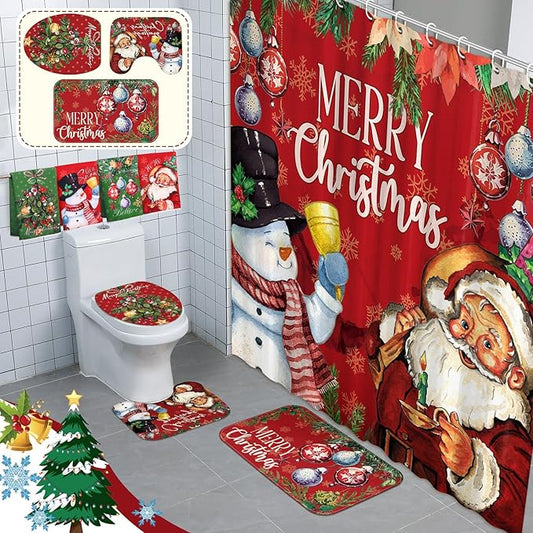 FuWeave 8 Pcs Christmas Shower Curtain Set Xmas Santa Bathroom Decoration Christmas Tree Hand Towels Snowman Toilet Lid Cover Bathroom Rugs Xmas Shower Curtain with Hooks(Snowman Style)