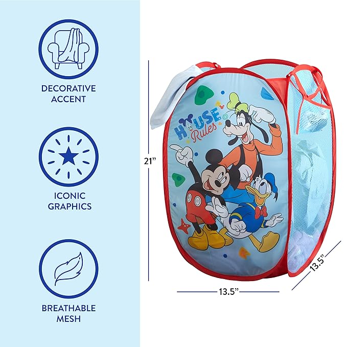 Idea Nuova Disney Mickey Mouse Pop Up Hamper with Durable Carry Handles, 21'' H x 13.5'' W X 13.5'' L