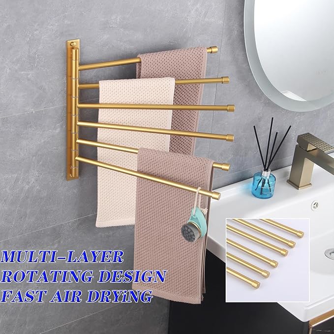 GERZWY Bathroom Swing Arm Towel Bars Wall Mount Bath Towel Rack with 6 Arms Hanger Towel Holder Organizer Stainless Steel Gold Finished HYG06-BE