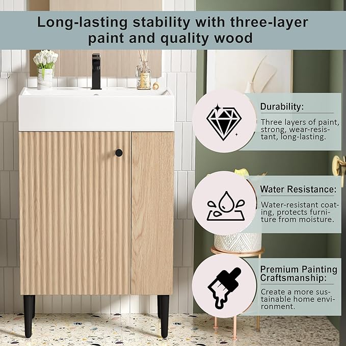 Virubi 21.6 in Small Bathroom Vanity with Sink,Doors and Storage Shelves,Wood Modern Single Fluted Bathroom Sink Cabinet Freestanding (Natural Wood,Right Shelf)