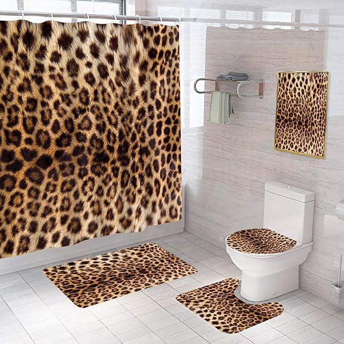 Onalasyc 5Pcs Brown Leopard Shower Curtain Set, Wall Painting Bathroom Sets with Shower Curtain and Rugs, Cheetah Print Bathroom Wall Art Decor Painting Shower Curtains Sets with Rugs