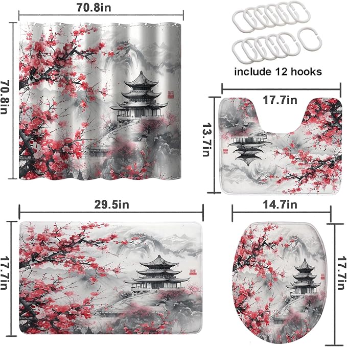 Japanese Cherry Blossom Bathroom Shower Curtain Set with Rugs,Toilet Lid Cover, Bath Mat, Anime Pink Flowers Mountains Shower Curtain with 12 Hooks, Durable Bathroom Decor Set