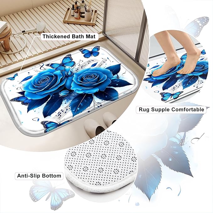 Poedist 4 Pcs Bathroom Shower Curtain Set, Bathroom Set, Blue Rose Shower Curtain Sets with Rugs(Bath Mat,U Shape and Toilet Lid Cover Mat) and 12 Hooks-04