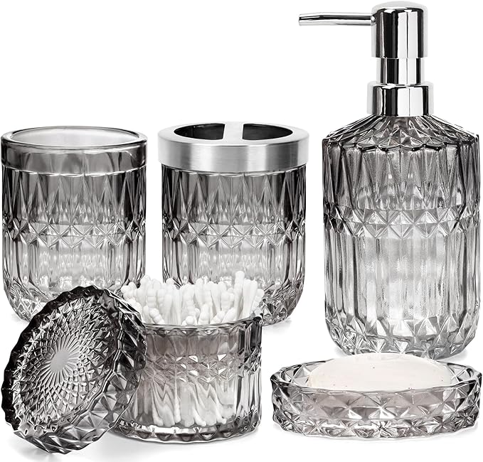 Bathroom Accessories Set, 5Pcs Bathroom Soap Dispenser Set, Glass Bathroom Accessories with Glass Soap Dispenser, Soap Dish, Toothbrush Holder, Tumbler, Cotton Swab Jar (Gradient Black & Clear)