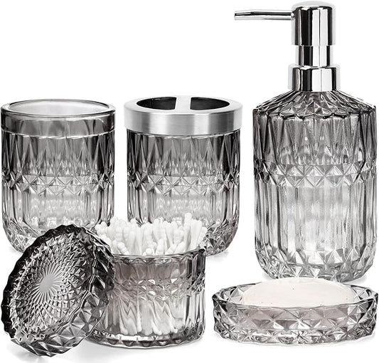 Bathroom Accessories Set, 5Pcs Bathroom Soap Dispenser Set, Glass Bathroom Accessories with Glass Soap Dispenser, Soap Dish, Toothbrush Holder, Tumbler, Cotton Swab Jar (Gradient Black & Clear)