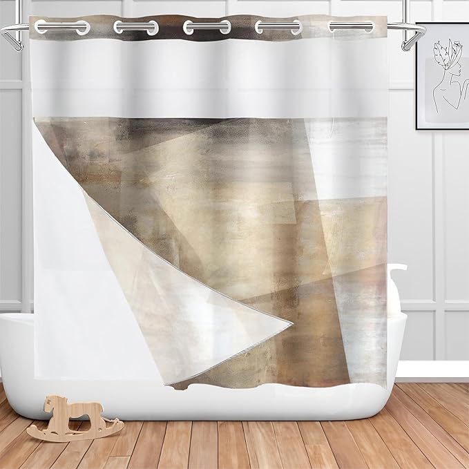 Shrahala Brown Abstract Art No Hooks Shower Curtain with Snap in Liner Set, Beige Painting Bathroom Décor Polyester Fiber Waterproof for Stall Bathtubs 71 X 74 in