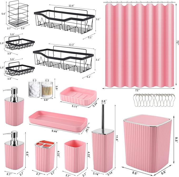 XLHOMO 28PC Bathroom Set - Gorgeous Pink Bathroom Set, Bathroom Accessory Set, Pink Shower Curtain Set with 5PC Shower Caddies