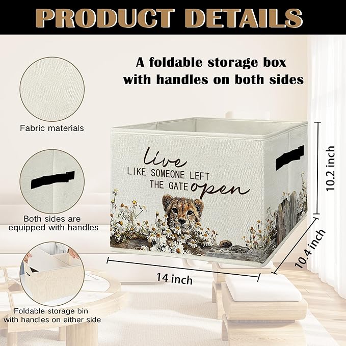 Rustic Cheetah Storage Bins & Boxes with Handles, Farmhouse Leopard Foldable Basket for Organizing, Live Like Someone Left the Gate Open Collapsible Storage Basket for Bedroom Bathroom Clothes