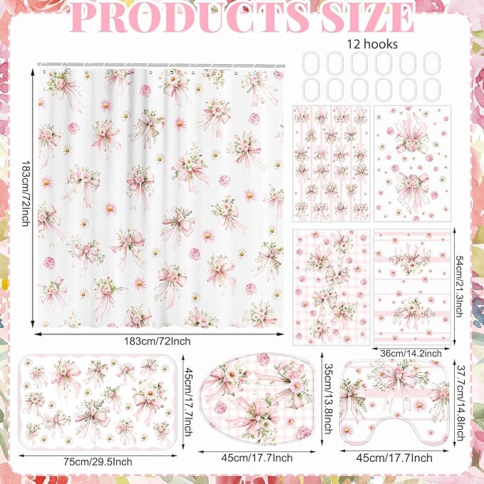 Tatuo 8 Pcs Pink Bow Daisy Shower Curtain Sets for Bathroom Decor Coquette Bathroom Accessories Daisy Rose Aesthetic Girly Shower Curtain Sets with Towels Carpet Bath Mat Toilet Rugs and 12 Hooks