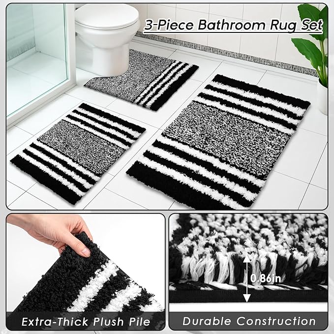 Britimes Black Stripes Bathroom Sets with Shower Curtain and Rugs, Ombre Minimalist Modern Striped Waterproof Shower Curtain Liner and Soft Non Slip Bath Mat for Bathroom Decor and Accessories Hooks