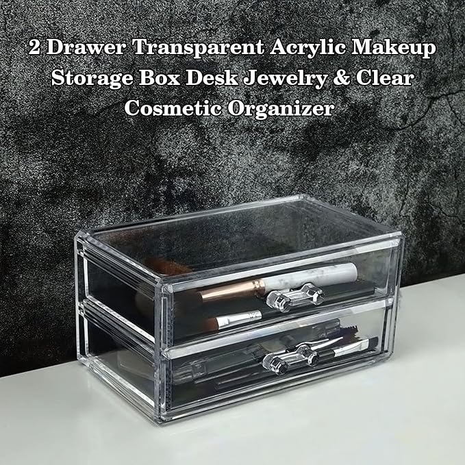 2 Drawer Transparent Acrylic Makeup Storage Box Desk Jewelry & Clear Cosmetic Organizer Vanity Storage Display Box Make Up Organizers and Storage Makeup Stand