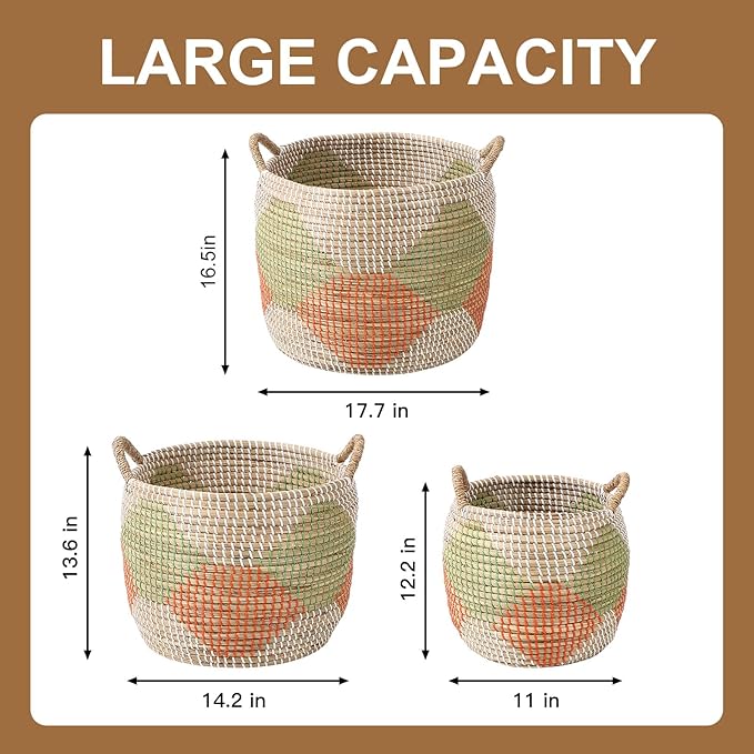 Handwoven Sea Grass Baskets Set of 3 - One of a Kind Round Storage Bins by Artisans, Natural Fiber Woven Baskets for Living Room, Bathroom, Nursery (55.5L, 27.9L, 15.3L)