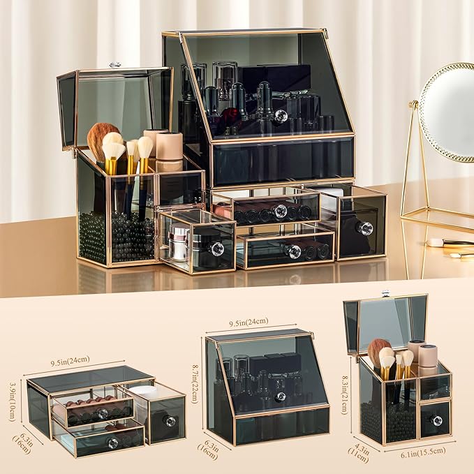 Glass Makeup Organizer for Vanity, High-End Cosmetic Storage Box for Skincare, Perfume, Brushes & Lipsticks, Elegant Countertop Organizer for Bathroom or Dresser- Christmas Gifts For Women