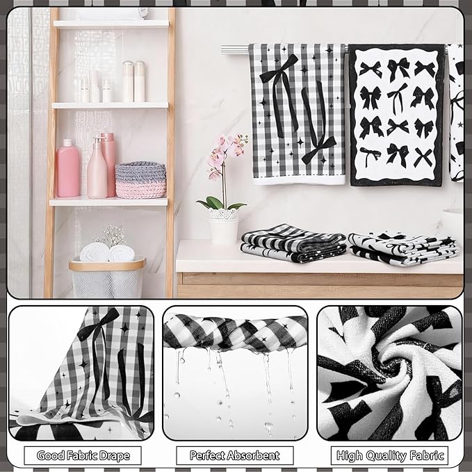 FuWeave 8 Pcs Black Shower Curtain Set Aesthetic Bow Knot Bathroom Decor Pretty Coquette Waterproof Shower Curtain Modern Minimalist Towels Non Slip Rug Toilet Lid Cover Bath Mat with 12 Hooks