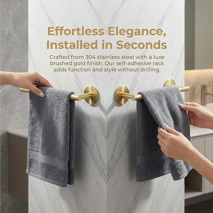 9 Inch #304 SUS Over The Door Towel Racks Wall Mounted,Self Adhesive Brushed Gold Bathroom Accessories, Small Bathroom Organizer & Dish Towel Holder&Shower Shoe Shelves
