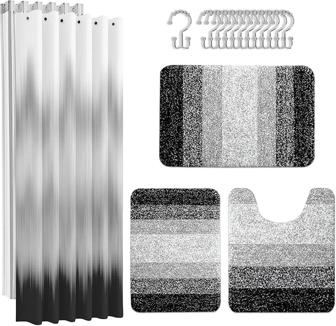Britimes Black Grey Stripes Bathroom Sets with Shower Curtain and Rugs, Ombre Modern Abstract Waterproof Shower Curtain Liner and Soft Non Slip Bath Mat for Bathroom Decor and Accessories Hooks